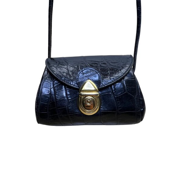 Lexiapel Womens Black Croc-Embossed Leather Gold Turn-Lock Closure Crossbody Bag - Picture 2 of 10